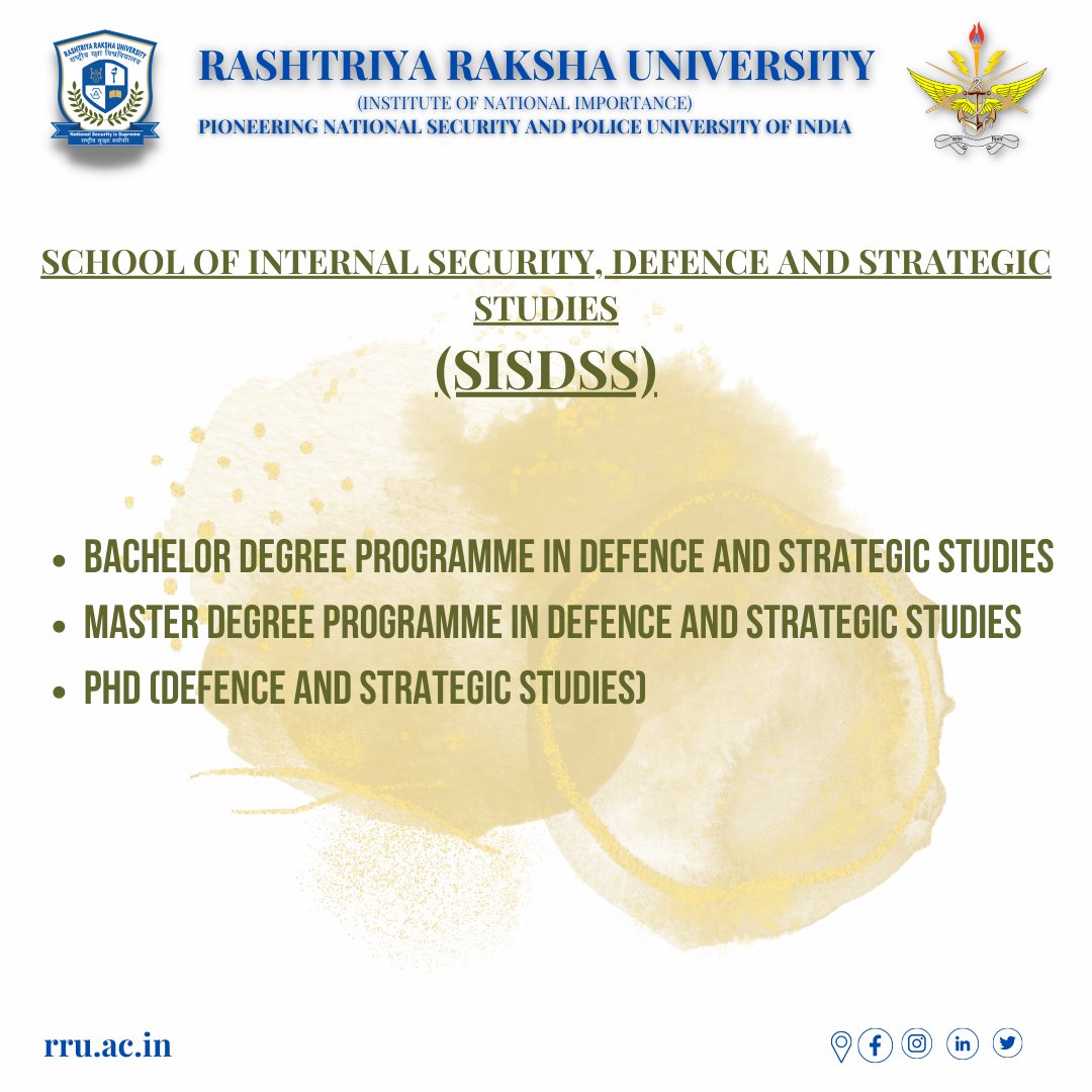 RakshaUni's tweet photo. @sisdssrru at Rashtriya Raksha University specializes in the fields of defence, strategy and security studies. It carries out various academic, research and training programs in the same.

#secondconvocation #Convocation2022 #instituteofnationalimportance #azadikaamritmahotsav https://t.co/M9qv7Iv7MQ
