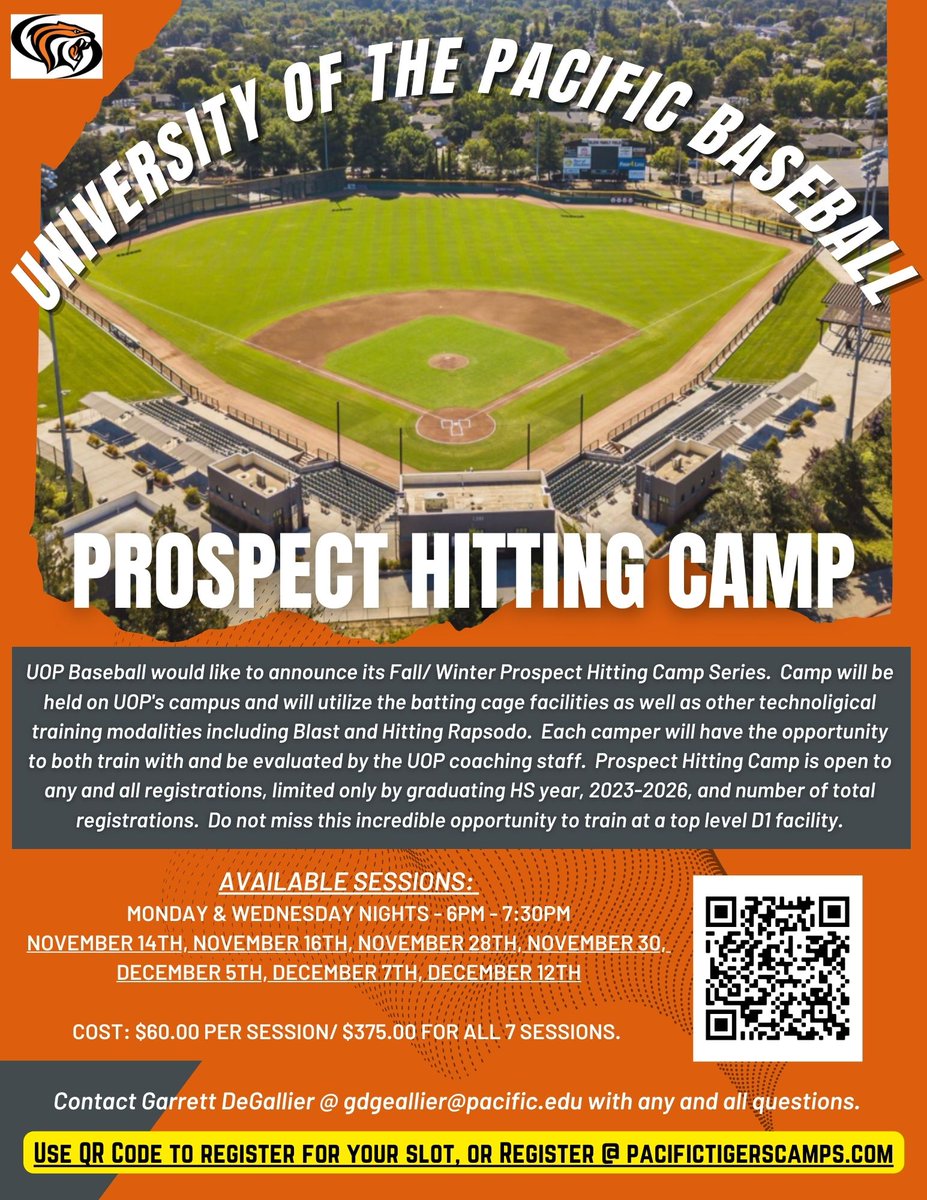 🚨Attention 2023 - 2026 HS graduates!🚨Pacific Baseball is excited to announce our Prospect Hitting Camp. Don't miss this incredible opportunity to train and be evaluated by the UOP coaching staff.  

Contact Garrett DeGallier @ gdegallier@pacific.edu for all camp inquiries.
