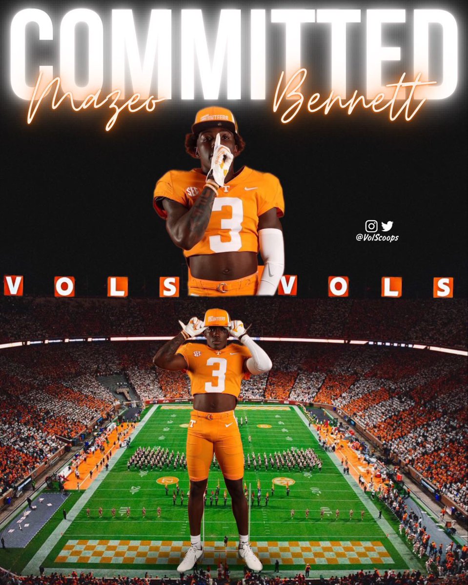 VolScoops's tweet photo. BREAKING: 2024 Four-star WR Mazeo Bennett has COMMITTED to Tennessee! 🍊

The 6’0 170 Greenville, South Carolina  native picks Tennessee over Alabama, Georgia and more! 

Bennett is ranked a Top 25 Receiver in the 2024 Class according to 24/7 Sports🍊 https://t.co/HOcRB0I0Mo