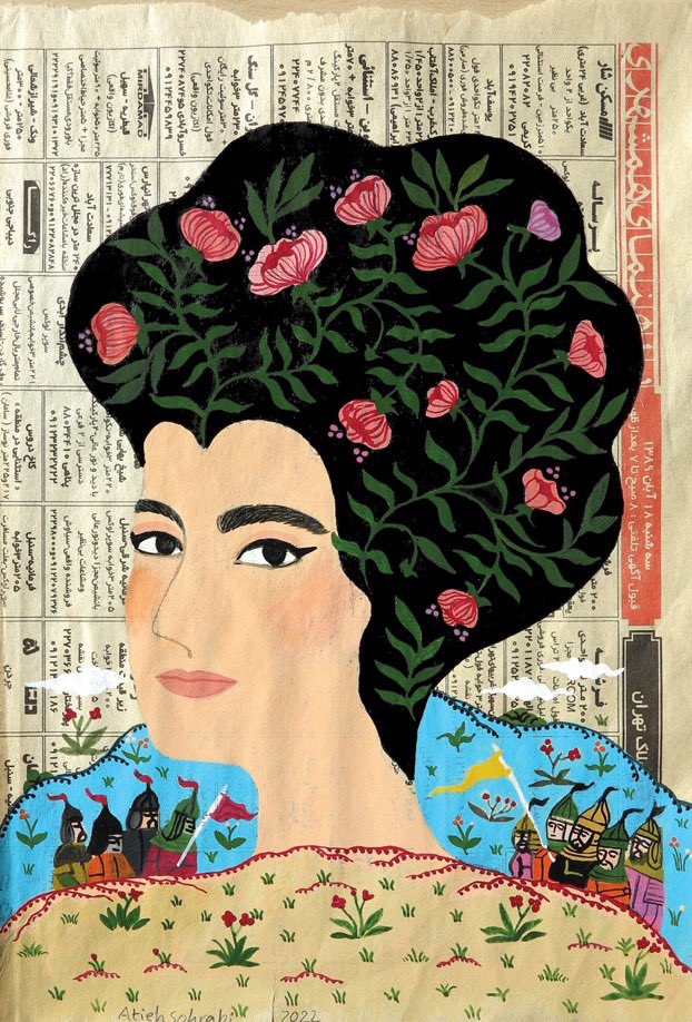 Iranian Woman in News, by @AtiehSohrabi #IranArt #WomensArt #Frieze #زن_زندگی_آزادی      #مهسا_امینی #شیرزن #WomanLifeLiberty #IranianWomen 💚🤍🌹#IranianWIN