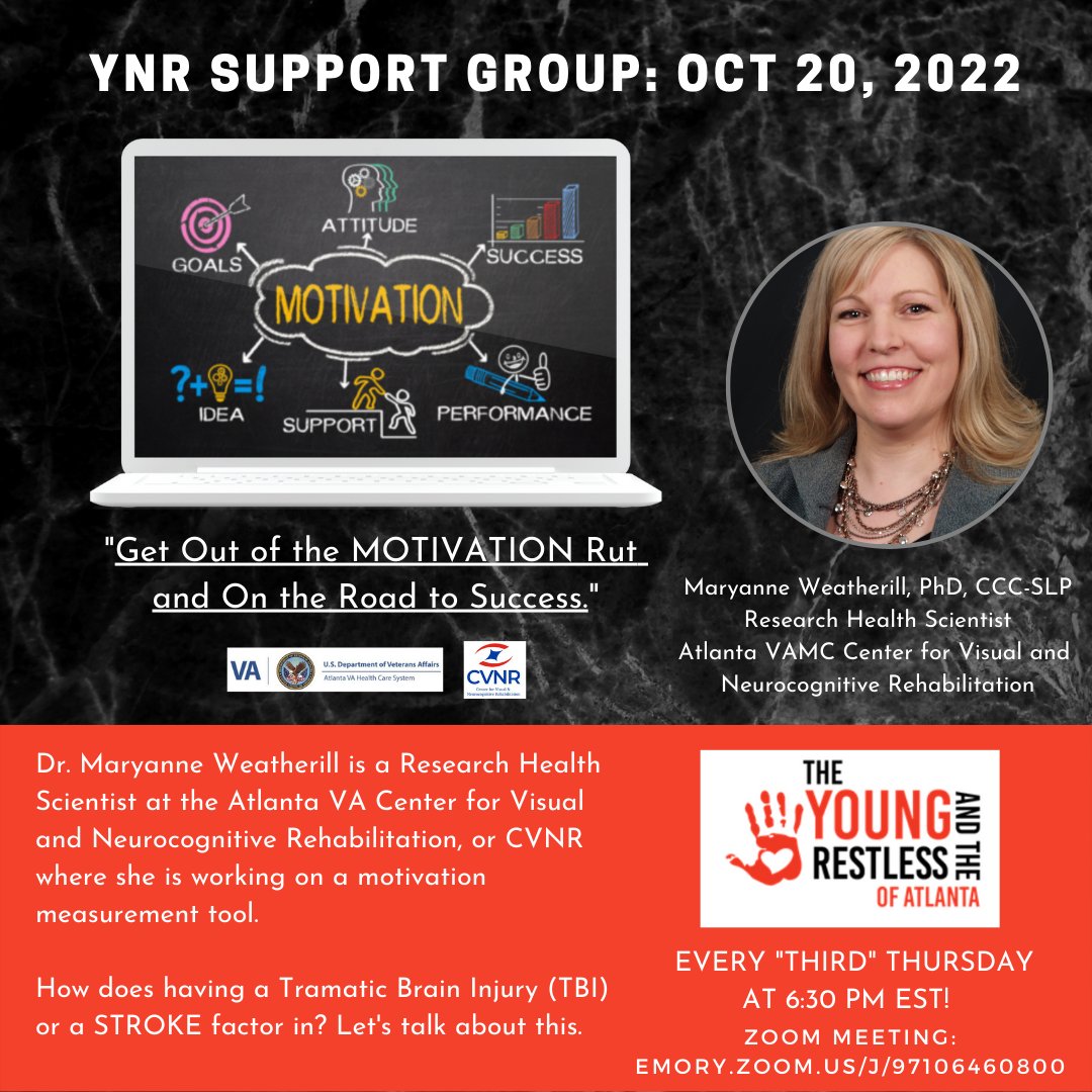 YnRATL's tweet photo. Welcome to The Young and the Restless of Atlanta – TBI/ABI (STROKE) Support Group

Whether you are a Survivor, Caregiver, Clinician or even an Ally, this discussion is certainly for you. 

Thursday, Oct 20th @ 6:30pm-8:30pm EST 
Support Group Zoom meeting:
https://t.co/4hmgPKgotW https://t.co/kDYtlGFtsL