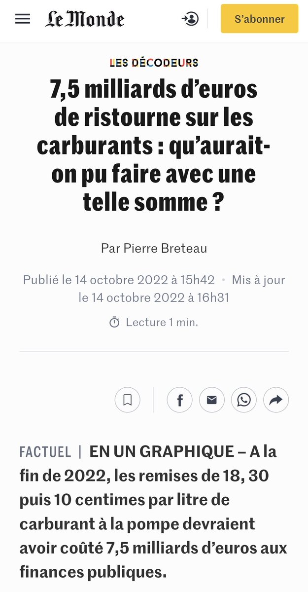 Un rapide calcul montre que :
Pour financer l'achat de #carburant par les automobilistes durant quelques mois, l'État a dépensé l'équivalent de tout ce qu'il investit pour le réseau #ferroviaire durant deux ans et demi !