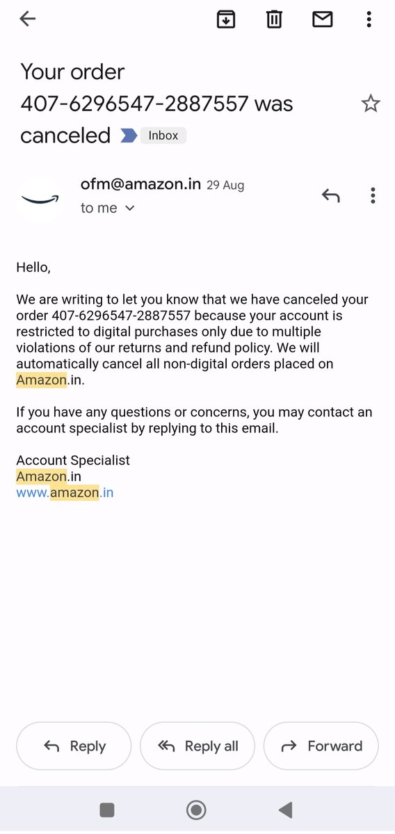 ut4ever4u's tweet photo. @AmazonHelp I don't get an error, but the orders get cancelled right after placing the order and I get a mail of cancellation. I am not aware of any return refund policy. Reference image: https://t.co/8avyuN7pPT