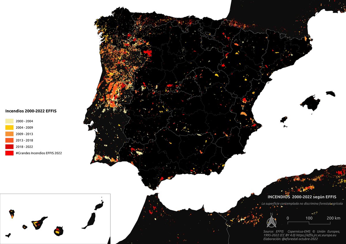 eforestal's tweet photo. 🔥Localización de todos los incendios producidos desde el año 2000 según #EFFIS de 🇪🇺@CopernicusEMS en península ibérica, Baleares, Canarias, sur de Francia y norte de África.
🇵🇹Portugal, la gran afectada.
https://t.co/ffimcCQ0aY https://t.co/vw4zUcRrje