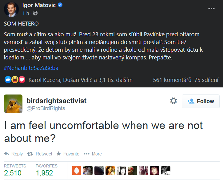 chatkazkaret's tweet photo. kromě toho, že tohle by se umístilo druhé v soutěži o nejlépe načasovaný hloupý komentář roku, mi přijde, že Matovič a podobně naladění heterosexuálové (#notallheteros, já vím) chtějí pozornost, ale neumí si o ni normálně říct https://t.co/JAyZHJq8Ej