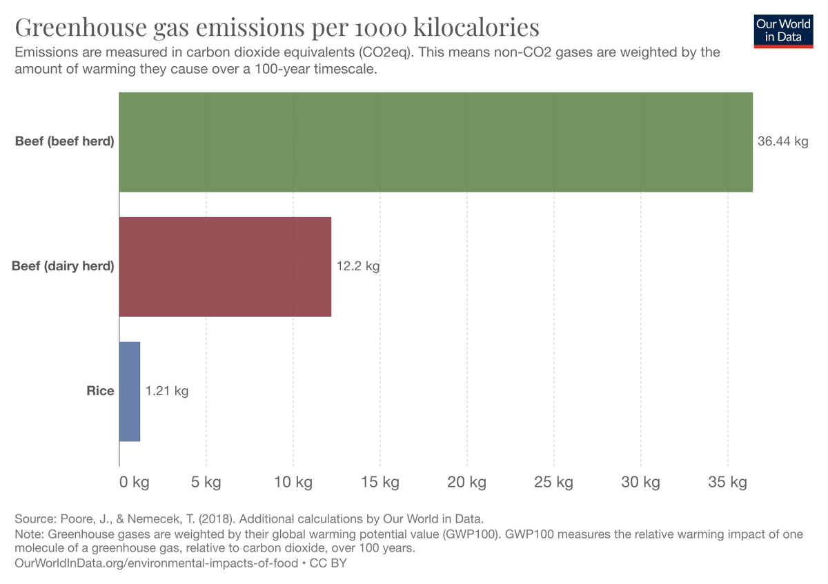 EspinosaRomain's tweet photo. Le temps qu'on passe à débunker les bêtises sur l'alimentation...

Un graph vaut mille tweets : voici l'impact climatique de la viande rouge et du riz, étant donné qu'on parle ici de méthane.
👉La viande rouge émet 10 à 30x plus de gaz à effet de serre que le riz pour 1000kcal. https://t.co/vJ1zcDpxxF