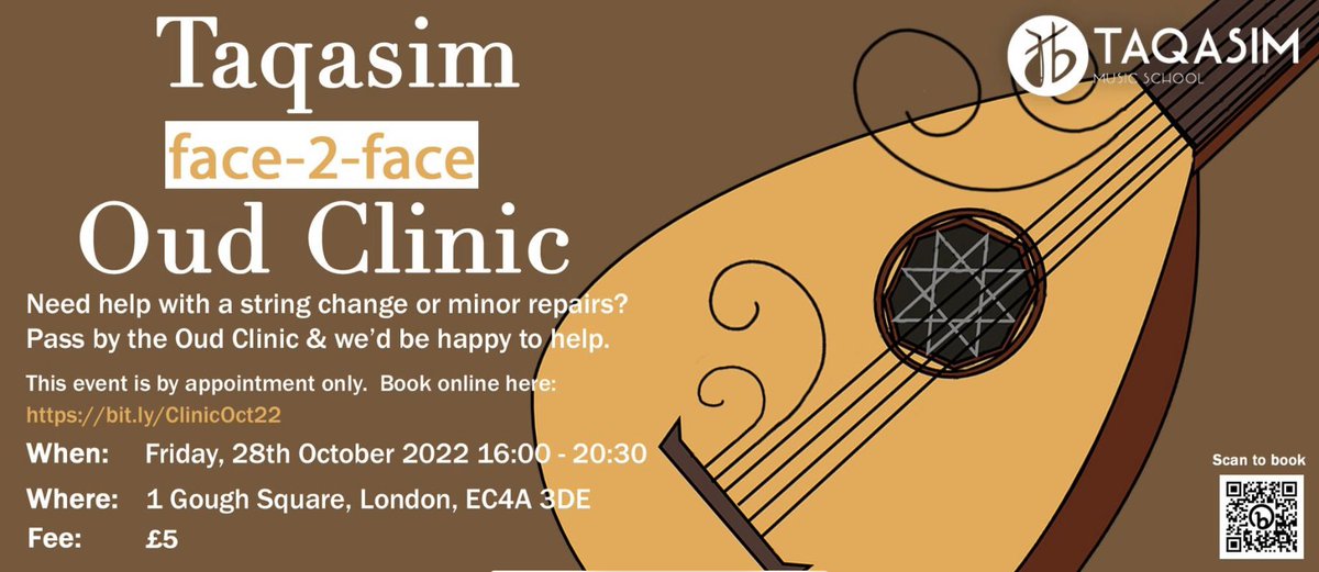 Our #OudClinic is back by appointment only. See poster for details
Book your half-hour time slot here - bit.ly/ClinicOct22
.
.
.
.
.
#Oud #Maqam #Taqasim #WorldMusic #LondonMusic #ArabicMusic #ArabicLute #Strings #instrumentrepair