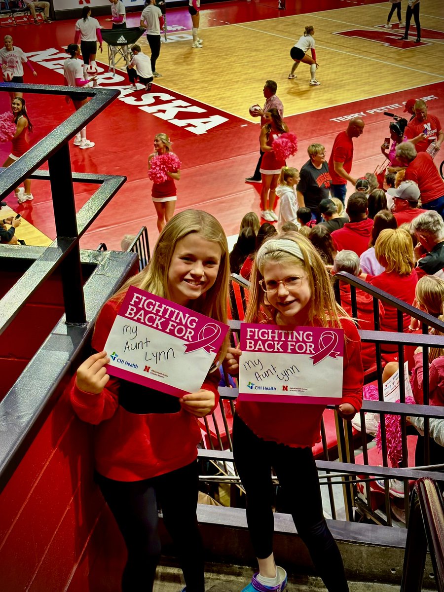 AngieKub's tweet photo. Excited to cheer on the #huskers and celebrate our Aunt Lynn’s WIN against breast cancer! #gbr #LetsGoRed #volleyball https://t.co/7XOqH51uFY