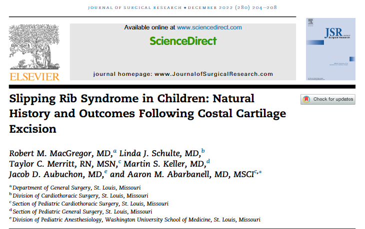 In @JSurgRes: Chief resident Robert MacGregor, MD, and @WashU_CT investigators studied slipping rib syndrome, an underdiagnosed cause of debilitating pain in otherwise healthy children. sciencedirect.com/science/articl…