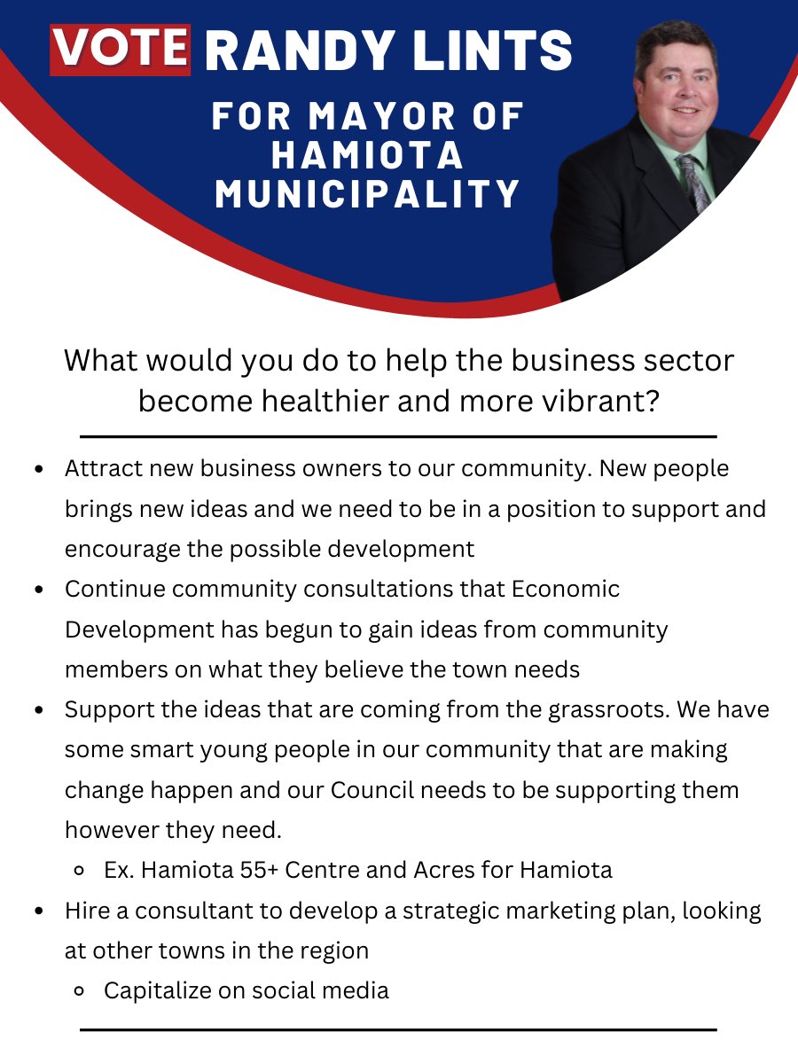 randy_lints's tweet photo. This Candidate’s Forum question asked about making the business sector more vibrant. Randy knows that there are ways that our town’s business sector can be expanded. His main focus would be to listen to community members who are already doing amazing work on new ideas https://t.co/ztBYV8SJna