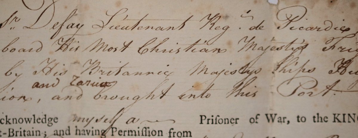 ChadbourneAntiq's tweet photo. American Revolution NYC - parole document Lt. Dufay, French officer Picardie Regiment, captured naval battle 22nd January 1783 Chesapeake Bay between the Sybille and British ships Centurion &amp; Hussar. The battle was controversial #USA #history #NYC #France #AmericanRevolution https://t.co/dgklqyBL82