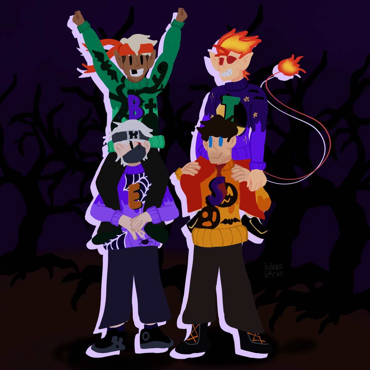 bdubsbacon's tweet photo. [day 16 - team] team best !the only team ever (matching halloween sweaters edition) #ethoslabfanart #skizzlemanfanart #bdubsfanart #tangotekfanart #lastlifefanart #hermittober https://t.co/fmPJYhVQub