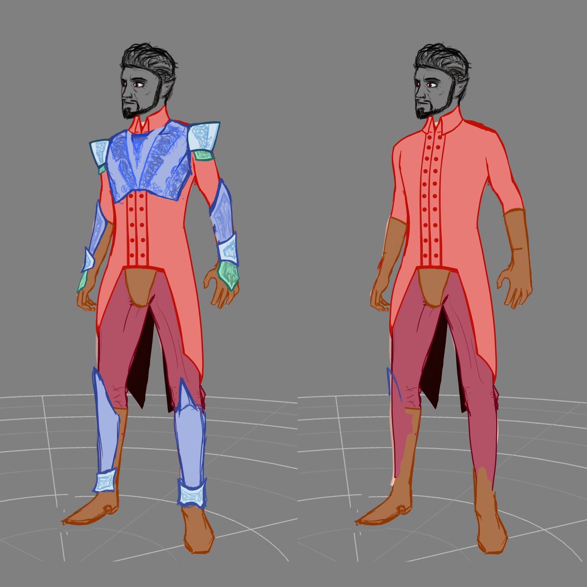 PrettyOKWriter's tweet photo. Breakdown without color so you can see the fabric (reds) vs armor (blues) https://t.co/OwZHPbOoRb