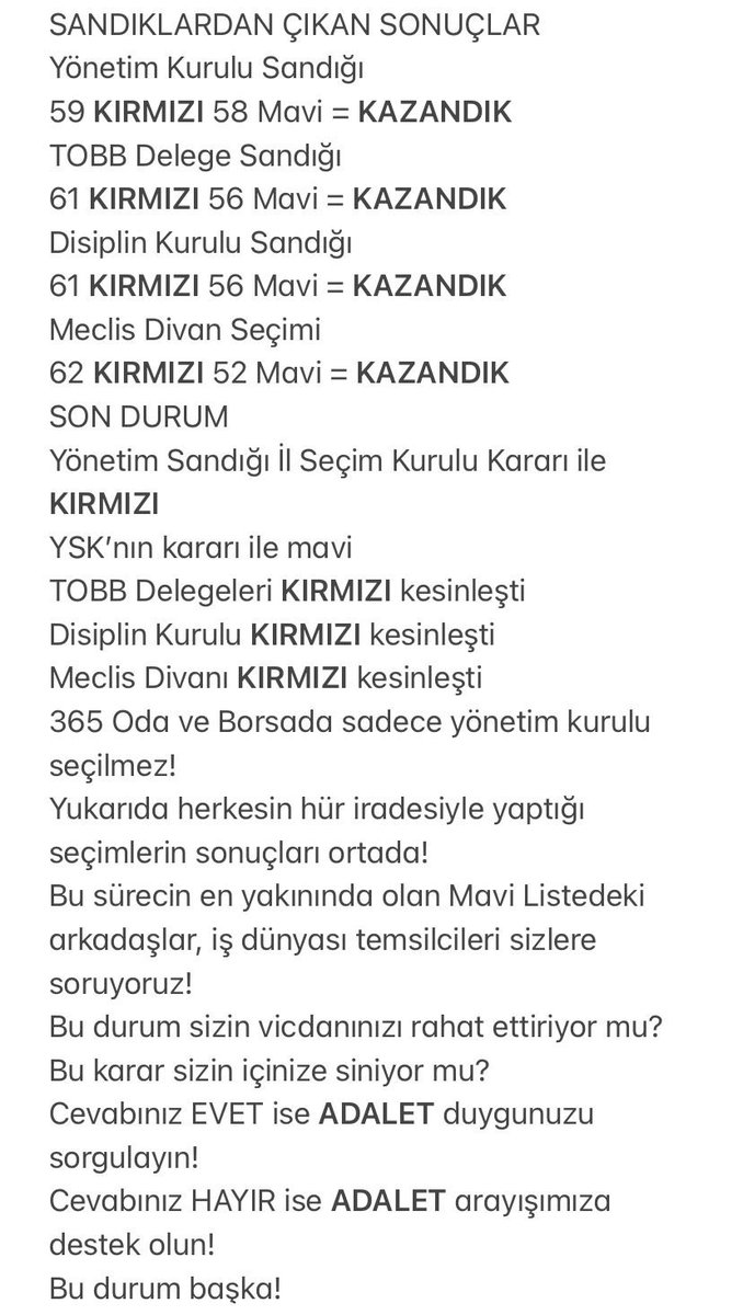 Sayın Cumhurbaşkanımız <a href="/RTErdogan/">Recep Tayyip Erdoğan</a> ve TOBB Başkanım <a href="/RHisarciklioglu/">Rifat Hisarcıklıoğlu</a> 
Sesimize kulak verin
#Antalya’da iş insanlarının sandık iradesi gasp ediliyor
Biz hakkımız olmayanı değil ADALET istiyoruz.
ATSO seçimlerinde YSK yetkisini aşıyor. Hakkımızı arıyoruz
#secimsandiktakazanilir
