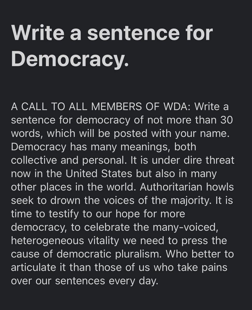 WritersforDA's tweet photo. Please RT

Calling All Writers:
Write a sentence for democracy and tag us. https://t.co/fV59VJhcB6