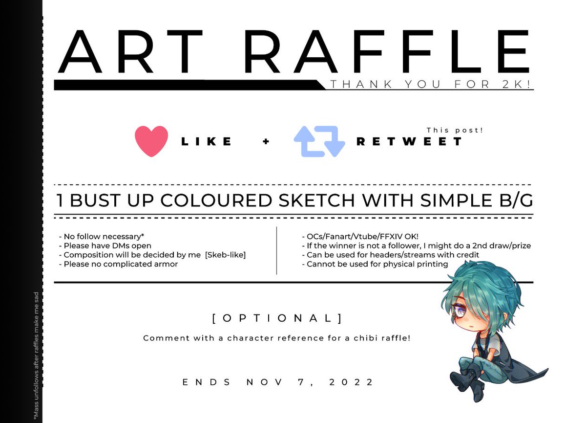Saibraeus's tweet photo. 💖💖ART RAFFLE💖💖

Bad crop but thank you for 2k [2.2 at one point] followers!

⇾  Like + RT this post for 1 character bust w/ BG.
⇾  No follow needed

Comment w/ ref for a chibi raffle draw.

Ends Nov 7! https://t.co/tzZHScnlcz