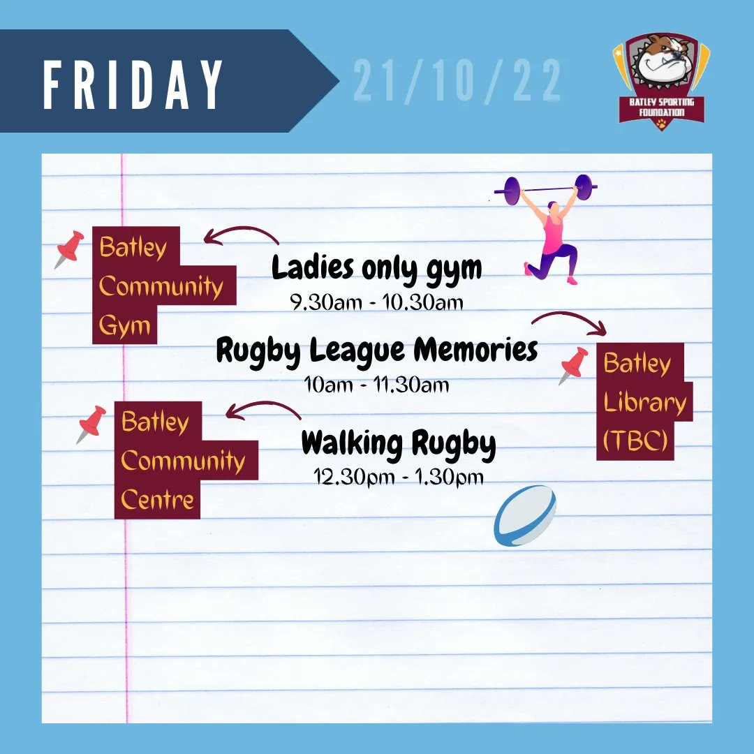 BatleySPF's tweet photo. 🗓 | 𝙏𝙞𝙢𝙚𝙩𝙖𝙗𝙡𝙚
Here is the timetable for WC 17th October!
💪 | Come along, get involved, get fit!
🤝 | @foxs_biscuits | @KirkleesCouncil | @BatleyRLFC
#Batley #dewsbury #birstall #Heckmondwike #Liversedge #Birkenshaw #Cleckheaton #shawcross #Healey #wf17 #kirkless https://t.co/7nYBjeBZ6T