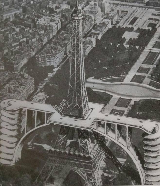 Ontwerp uit 1936 om de eerste verdieping van de Eiffeltoren toegankelijk te maken voor auto’s.