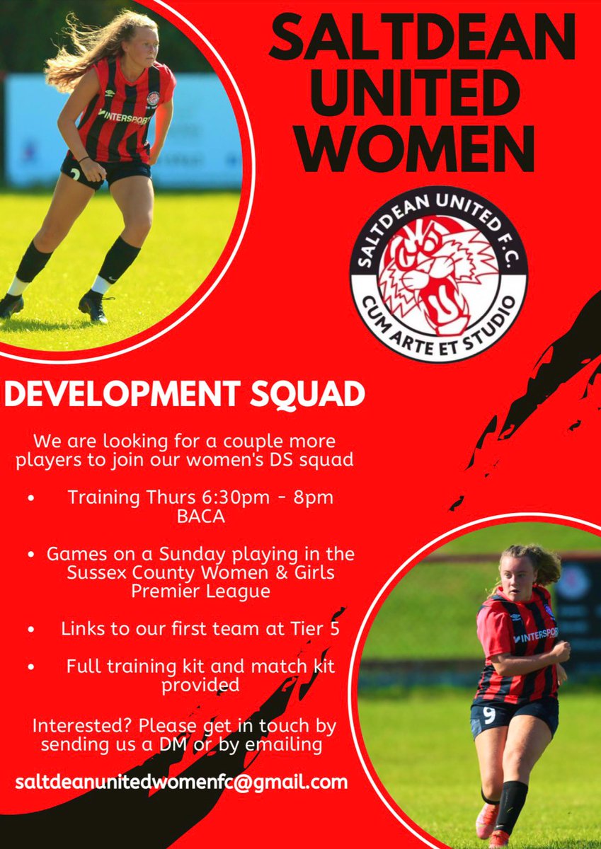 SaltdeanWomenFC's tweet photo. 𝘿𝙚𝙫𝙚𝙡𝙤𝙥𝙢𝙚𝙣𝙩 𝙎𝙦𝙪𝙖𝙙 

Our DS are looking to add to their current crop of players! 

Interested in a new challenge?

Want a pathway to a first team playing at Tier 5?

We want to hear from you! Send us a DM or an email. 🐯 https://t.co/h6Ke9lY0gs