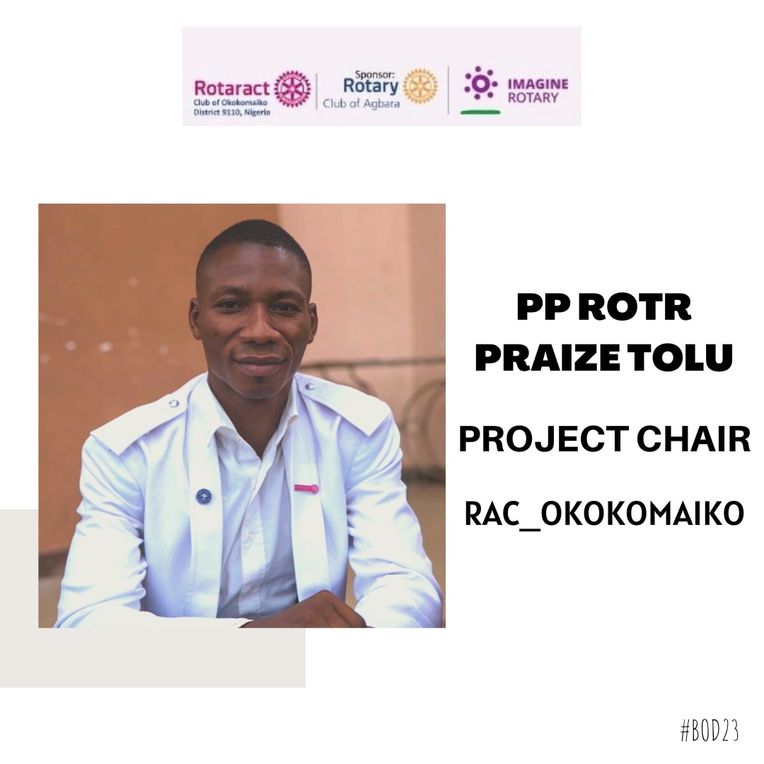 RACOKOKO_'s tweet photo. Meet our Project chair for Rotaract Club Of Okokomaiko 
PP. Rotr. Praise Toluc
@RotaractD9110ng @Praize_Tango @zonemd9110 @LhabiClassified @Ashinedum_ @abakeoge @awesuadeshile @Rotaract_Lasu https://t.co/D7rYHohxWY