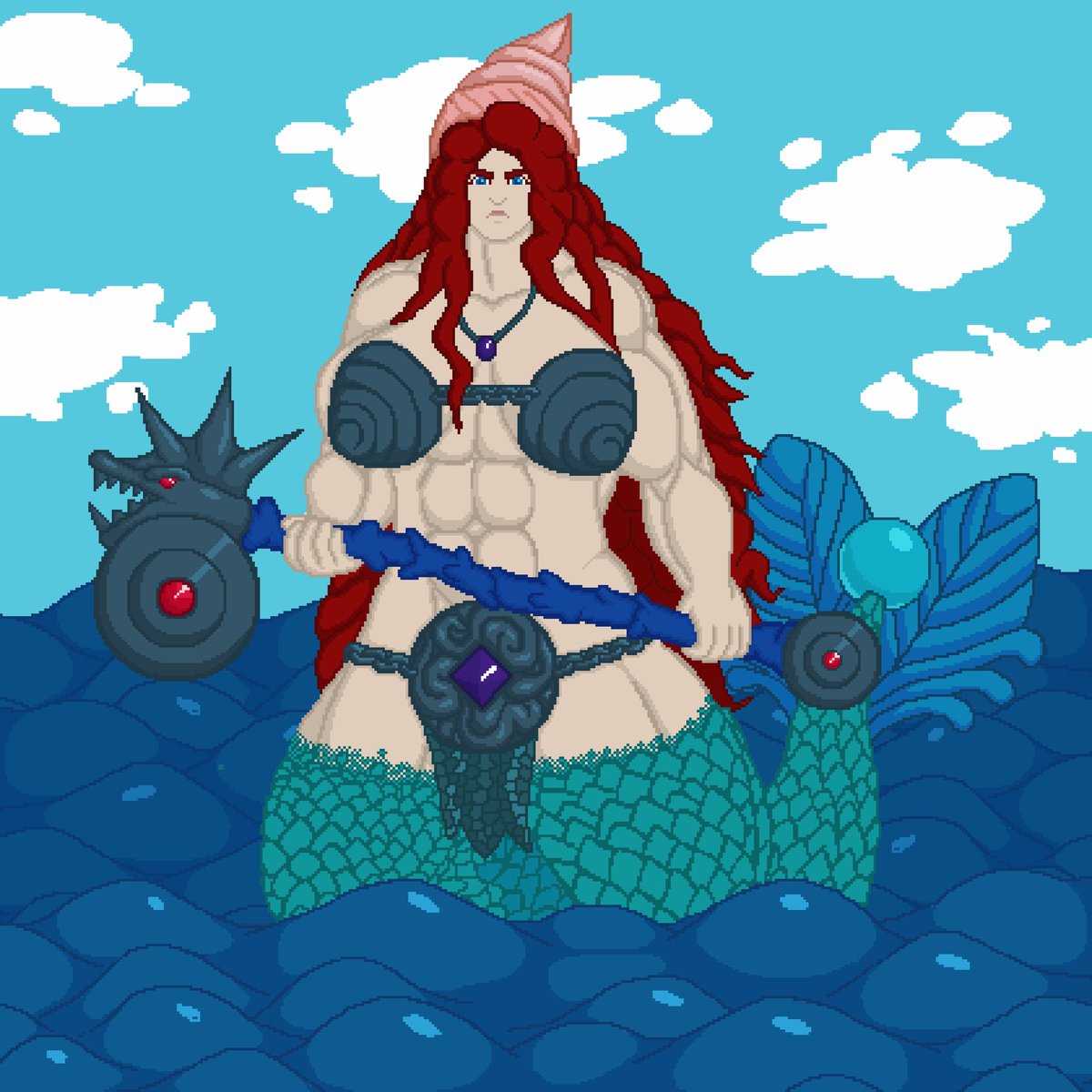 sanrvaldr's tweet photo. Goddhilde Godmársdottir 💪🏻🧜🏻♀️
Idk if ppl realize it but she actually has two tails one is just behind her ^^'
But yea another one of my favorite drawings of mine 💪🏻🧙🏻♂️✨
💪🏻🌊💪🏻🌊💪🏻🌊💪🏻🌊💪🏻🌊💪🏻
#pixelart #fantasyart #originalcharacters #characterdesign #18bit #ドット絵 https://t.co/z8IZbiG5Ki