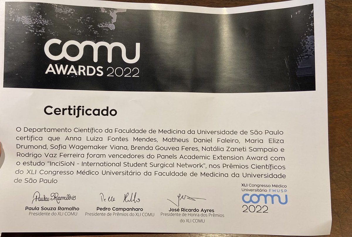 mdfaleiro's tweet photo. I and my @InciSioNBr team have just received the Panels Academic Extension Award at the @FMUSPoficial COMU 2022. It feels so good to achieve our goal of disseminating the Global Surgery principles around our country! 🌍 https://t.co/Z7maBqIIQo