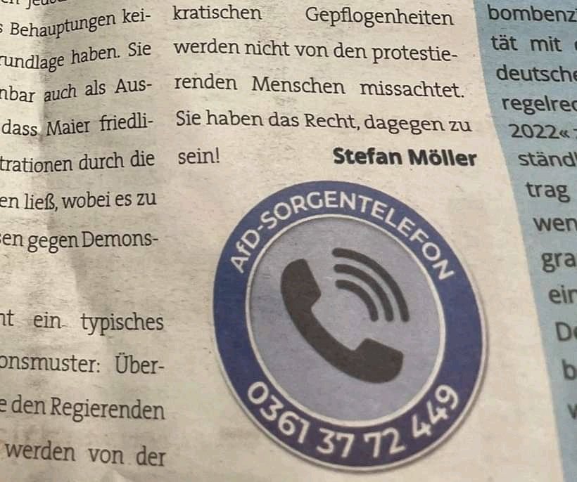 Schlafschaf123's tweet photo. Wusstet ihr, dass die AfD ein Sorgentelefon hat? ๐
๐
Ob ich meine Sorgen mit der AfD dort auch loswerde? ๐
https://t.co/GqlmgNbuK4 https://t.co/UXxsG0BHyg