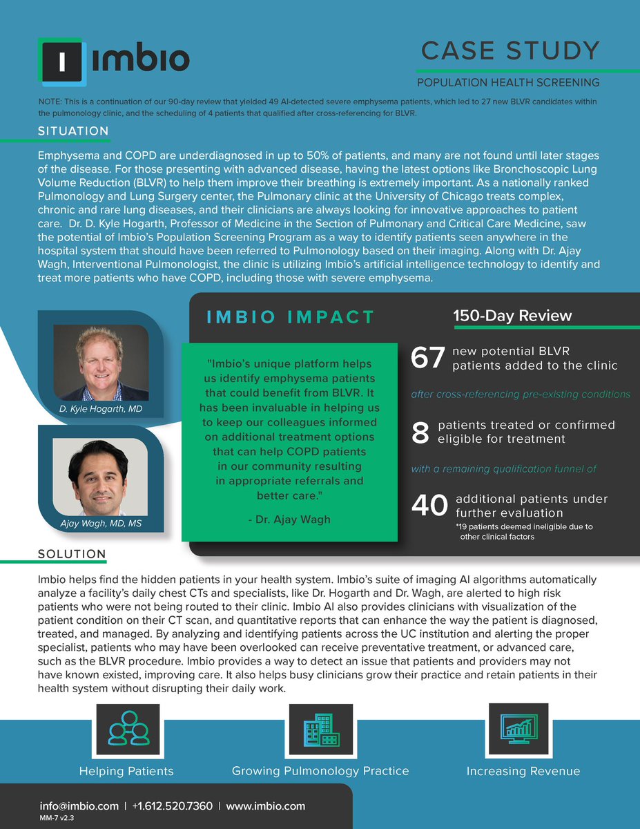 imbio_inc's tweet photo. Dive into our follow-up case study, 150-days after the University of Chicago’s #pulmonology clinic deployed our #populationscreening solution. Drs. Hogarth and Wagh, together with their patients, have continued to realize the #ImbioImpact. #BLVR #COPD #AI https://t.co/7LlgcTBKZJ