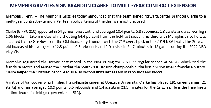 The @memgrizz today announced the team signed Brandon Clarke to a multi-year contract extension.