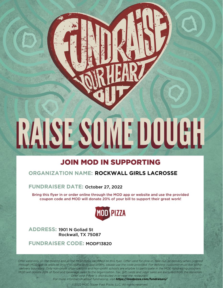 Support Rockwall Lacrosse!!   ALL DAY 10/27 at North Mod Pizza Location (South location in November).  #Fundraiser code on flyer.  20% of your bill goes to pgm!  Win - Win!