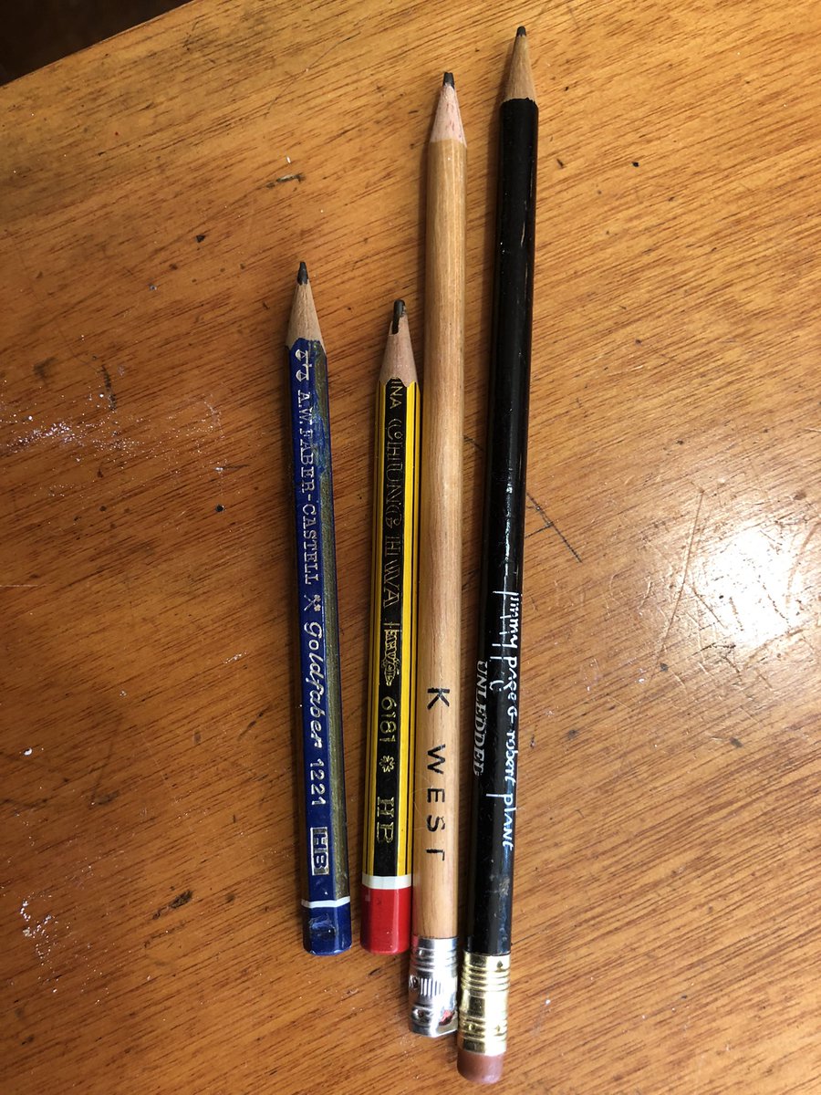 davegraney's tweet photo. My rock’n’ roll pencil collection. Small but top shelf. To be fair I don’t have an actual 2HB but I thought two HB would be okay. #rocknrollpencils #pageandplant #unledded #bowie #kwest #roxymusic #2HB https://t.co/WWBuAFnnl0