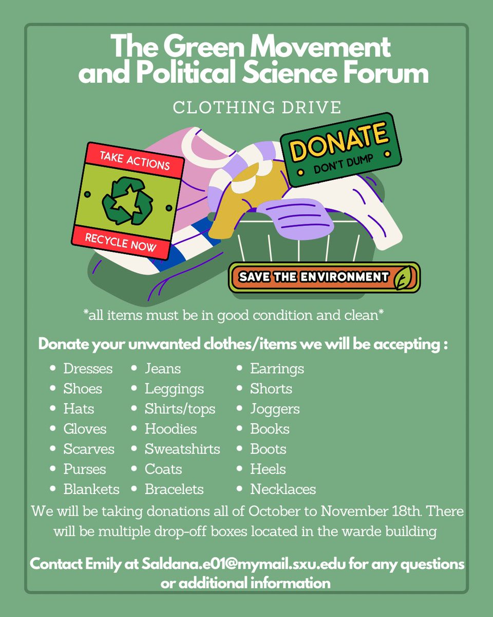 SxuGreen's tweet photo. Hey cougar nation cleaning out your closet? The Green Movement and the political science forum are teaming up to host a clothing drive for an upcoming event! You can contact us via our socials(twitter and insta) or at greenmovement@sxu.edu to drop off donations. https://t.co/DJiKcguqL5