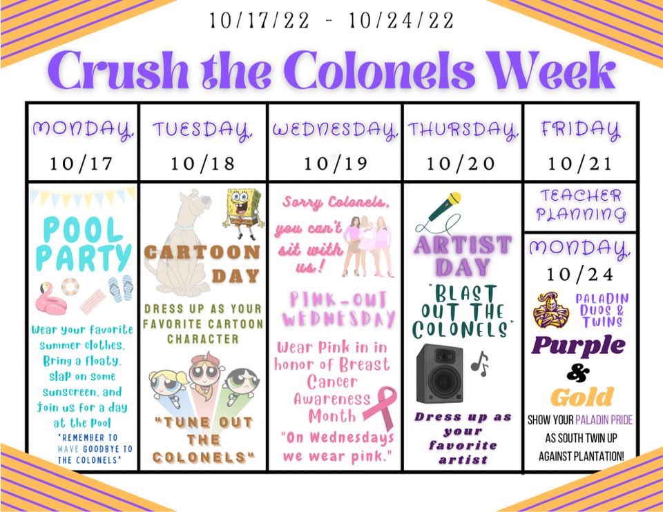 sphsleadership's tweet photo. @sphsactivities    Crush the Colonels Week (part 2)
Due to Hurricane Ian we are trying this again! #PaladinPride

Friday, 10/21:
Football game vs Everglades @ HOME
PINK OUT &amp; our annual Inclusion Walk pre-game.

Monday, 10/24:
Football game vs Plantation @ PAL. https://t.co/PREJiJiCg7