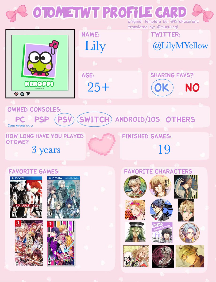 LilyMYellow's tweet photo. Hiiii, I've updated my profile card because I have finished a few more games 😁 #otometwtintro #otometwt https://t.co/24y8gbVYHZ
