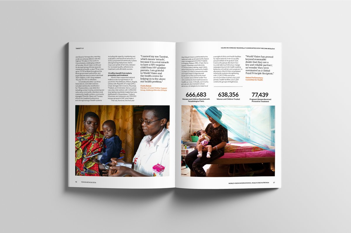Editorial design, and layout of the World Vision 2016 Health and Nutrition Annual Report for the Ishimodo Brand and Design Agency. #WorldVision #PrintDesign #GraphicDesign #CreativeDirection #Typography #InformationGraphics #Infographics #AnnualReport #EditorialDesign