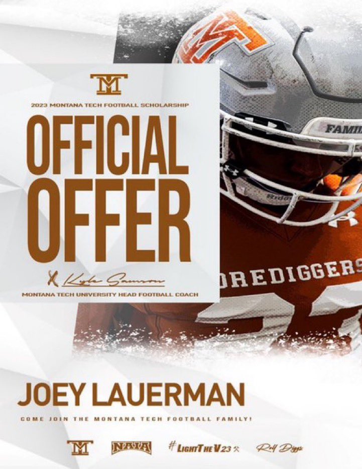 After a great talk with <a href="/CoachKyleSamson/">Kyle Samson</a>, I am happy to announce that I have received an official offer to play for <a href="/MonTechFootball/">Montana Tech Football</a>! @coachdthatcher <a href="/AricWilliams3/">Coach Aric Williams</a> <a href="/CoachMagana/">Coach Magaña</a> #Family #CountOnMe #LightTheV23⚒️