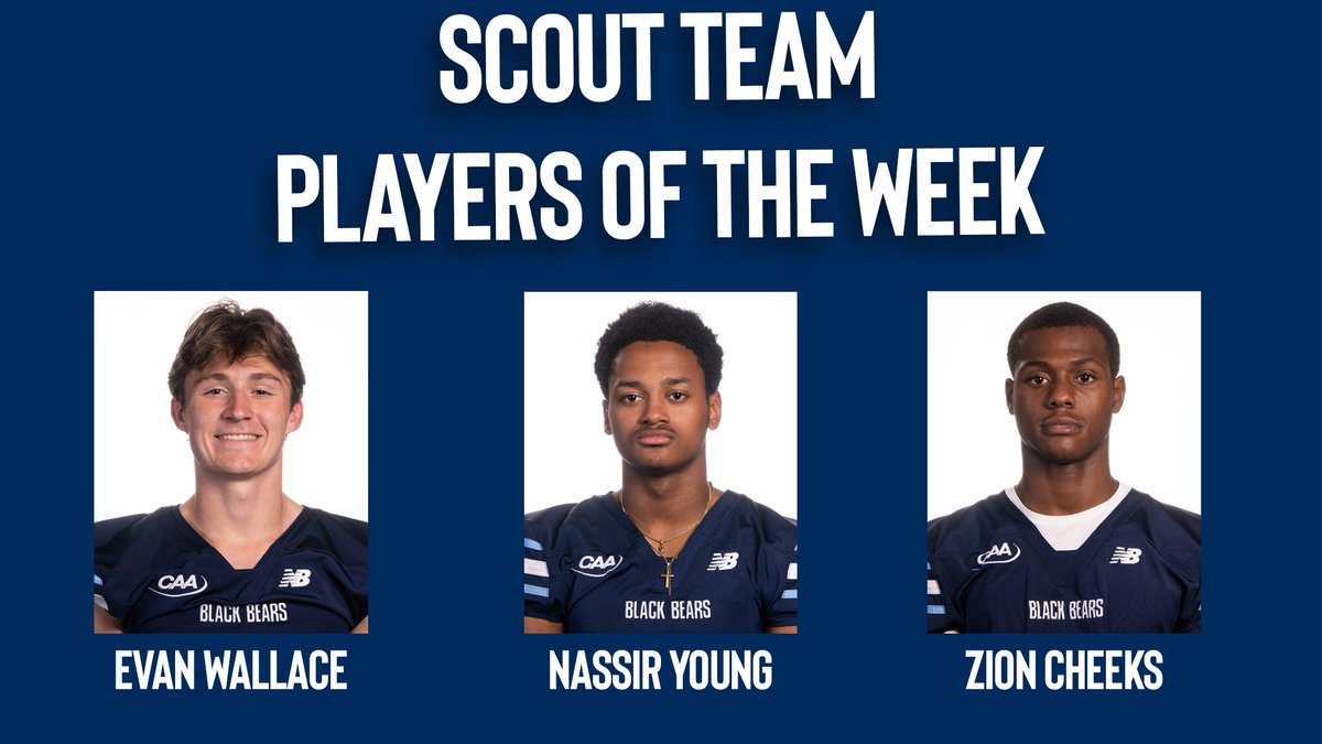 BlackBearsFB's tweet photo. Another victory means another round of weekly team awards, starting with our scout team players of the week - Evan Wallace, Nassir Young, and Zion Cheeks!

#BlackBearNation | ⬆️ https://t.co/KUYfXq3w2r