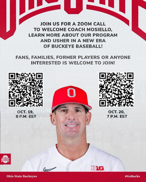 Hey Buckeye baseball fans‼️ Don’t forget to join us on Zoom this week to learn more about our program‼️ Use the QR codes or links below to register‼️ OCT. 19: go.osu.edu/base-zoom-oct19 OCT. 20: go.osu.edu/base-zoom-oct20 #GoBucks