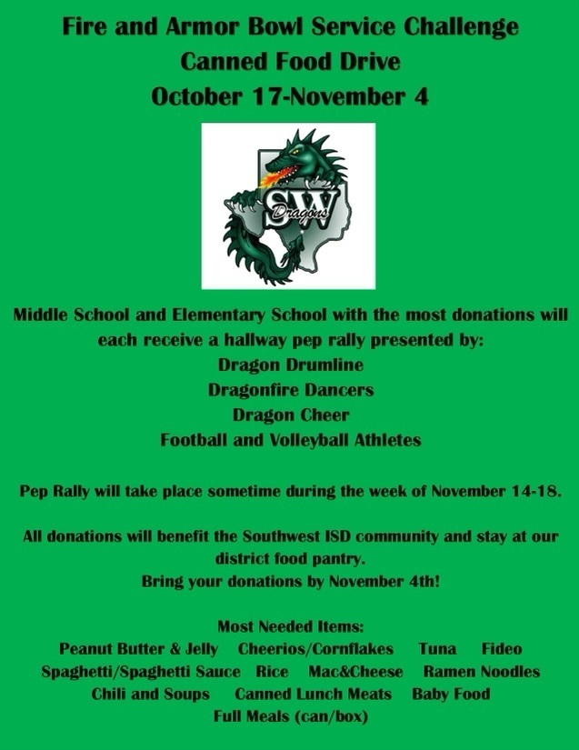 swisd_swe's tweet photo. Help support our food drive and win a pep rally for SWE! All food help our very own community. Please see flyer for details.
#RootEdSWE https://t.co/ROOrZ3E2mb