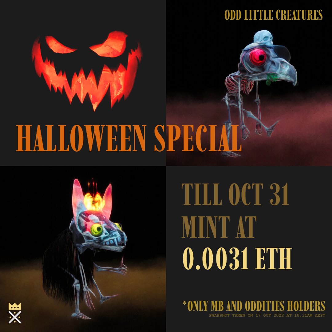 xrthxr_eth's tweet photo. Only for @moonbirds and @oddities_xyz holders:

HALLOWEEN is COMING! 💀

50 #OddLittleCreatures will be given away for FREE to the first #Moonbirds or #Oddities to like and retweet! (comment your eth address)

Mint at: https://t.co/SPiEGDIo3Q https://t.co/nYWBlOlMGt