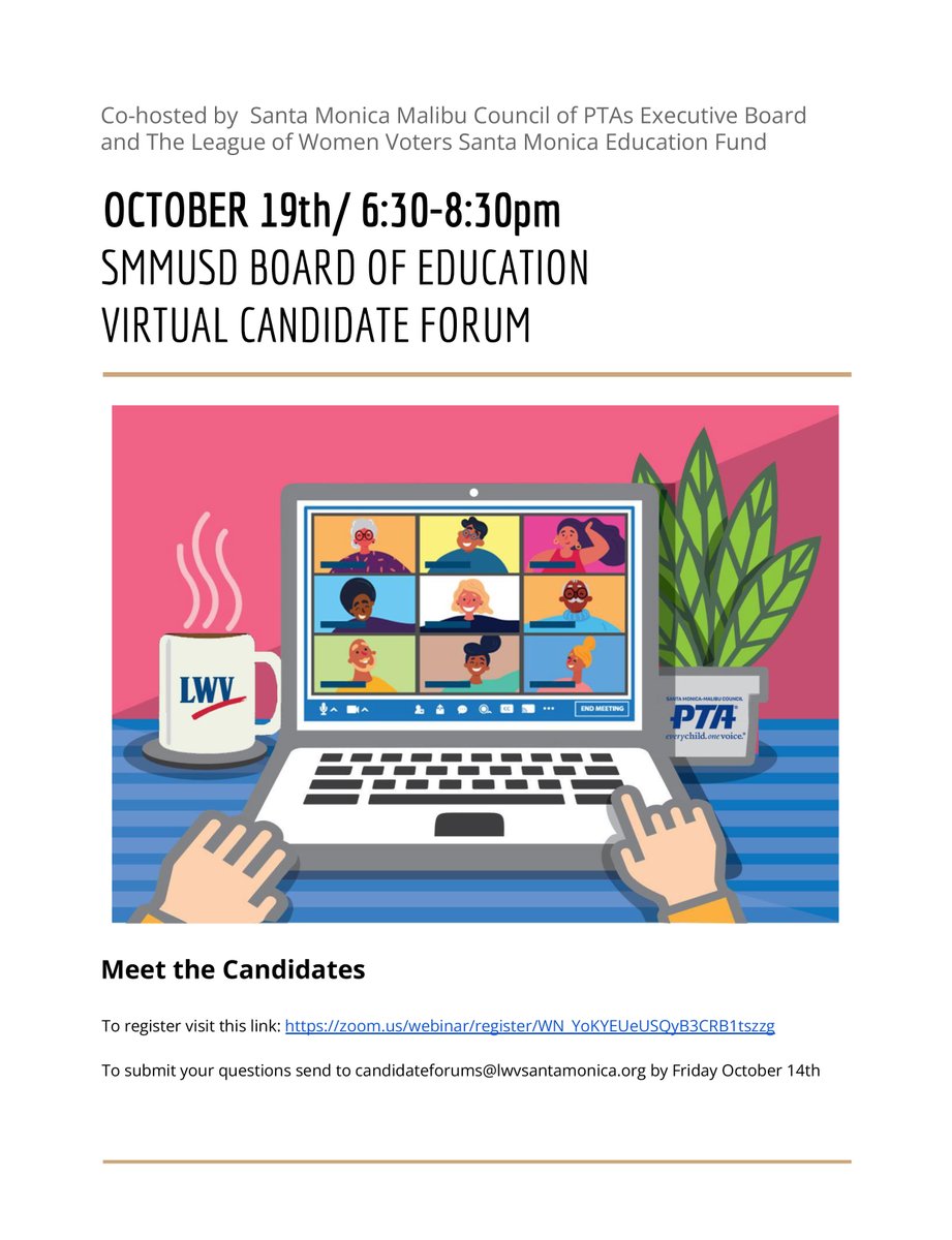 SMMUSD's tweet photo. Board of Education Candidate Forums:
Two virtual candidate forums are planned for open Board of Education seats.
Tues, 10/18 @ 6 p.m.: Live stream: https://t.co/nrc5Ngz8jY  
Wed, 10/19 @ 6:30 p.m.: Register: https://t.co/OG6jWZWhyn
@CityMalibu @santamonicacity @Dr_AShelton https://t.co/8FL8XtVhpT