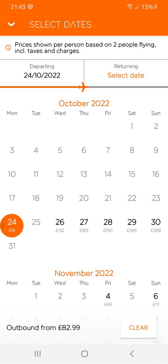 Catmad71's tweet photo. Can #easyJetUK please explain why, when booking a flight for 24 Oct, it initially shows an outbound price of £82 &amp; return of £30 on 29 Oct, but after selecting 24th, price changes to £81 &amp; return price to £396. Surely that can't be legal 🤔 @TheSun #ripoff https://t.co/R5rfEYZmA9