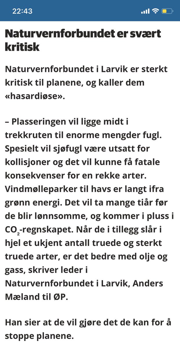 espenborgir's tweet photo. Utenfor Larvik er det foreslått et større areal for havvind. I Østlands-Posten i dag mener @Naturvern at det er mye bedre med olje og gass, enn å sette opp hasardiøse vindmøller 🙃 https://t.co/MPAMBpBYHD