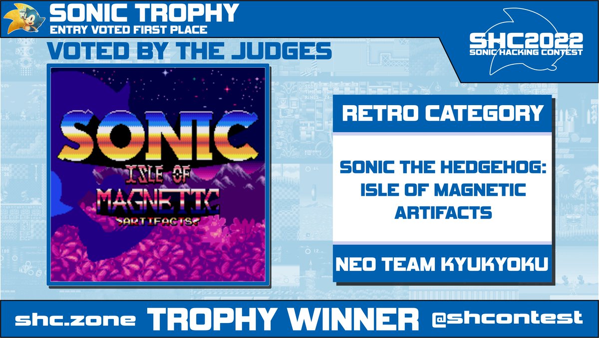 shcontest's tweet photo. Announcing this year's Contest Results (Twitter Edition!)

The winner of #SHC2022's Retro category as voted by both the Community and Judges is...

"Sonic The Hedgehog: Isle of Magnetic Artifacts" by Neo Team Kyukyoku 👏👏 https://t.co/HPdYQaCoCB