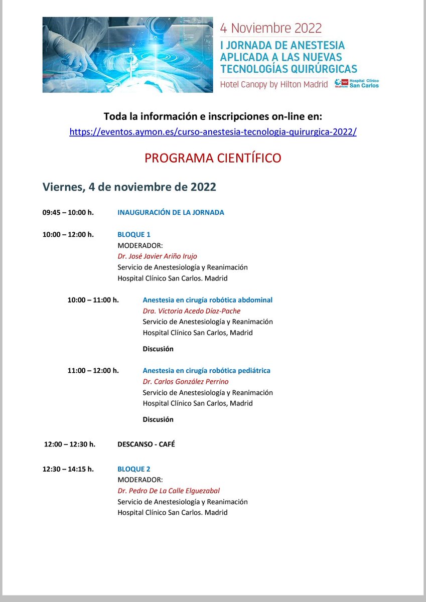 anestesiaHCSC's tweet photo. El servicio de Anestesia realizará sus "primeras Jornadas de Anestesia aplicadas a las nuevas tecnologías quirúrgicas" el 4 de Noviembre. Inscribiros en https://t.co/H8vBmrEorF @sedar_es @AnestesiaH12O @AnestesiaHUVR @AnestesiaGAICR @HUReinaSofia @anest_vhebron @anestesialic https://t.co/uUvq4M8Hou