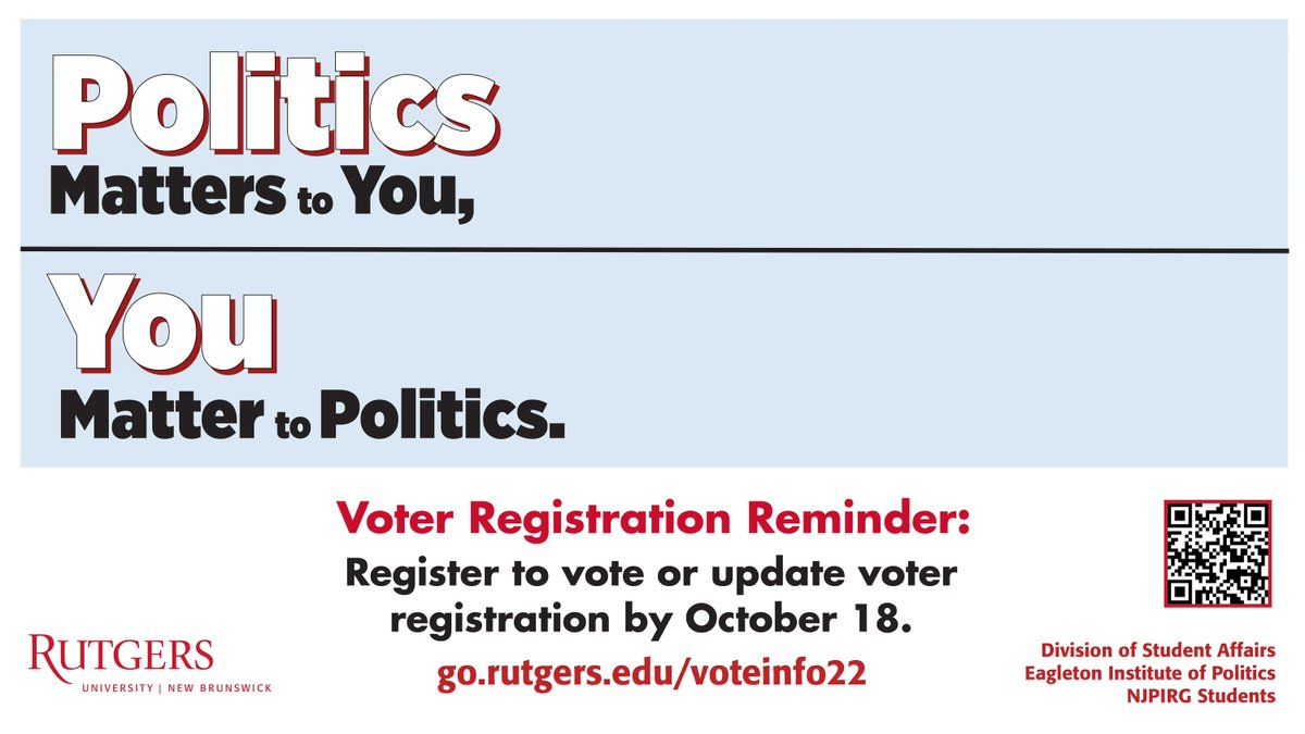 rutgersreslife's tweet photo. Make your voice be heard!π£ Register or update your voter registration before Oct. 18! Voter info and resources at https://t.co/QTr9N4z0yq #RUVoting #RUvoting2022 https://t.co/avOpO9i3cF
