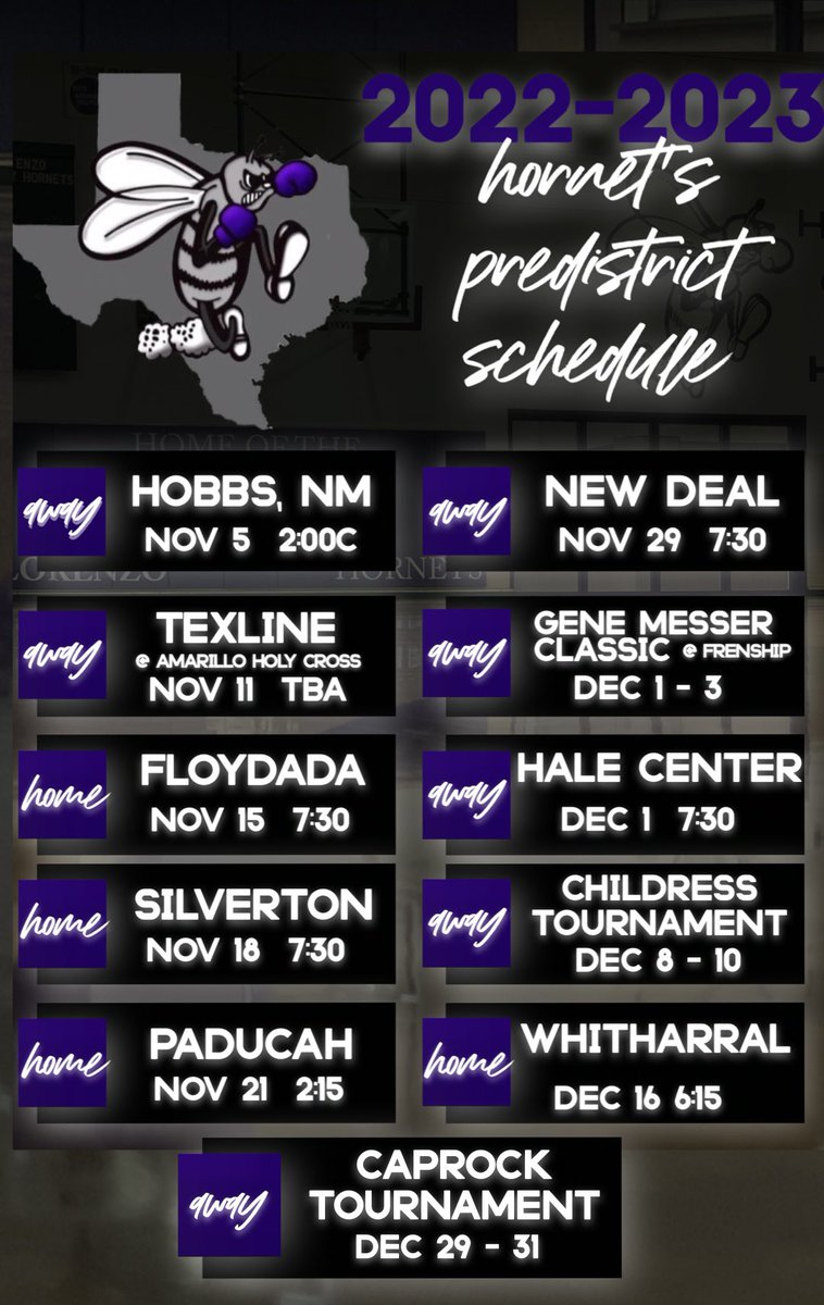 LorenzoHornets's tweet photo. We are 10 days out from it officially being basketball season! First look at our schedule! 
#HornetBaaketball #FightingHornets  #HornetPRIDE #PrideAndPoise
@hoopinsider @hardwoodtexas @Texas1AFan @806HsscMedia @pchristy11  @LoneStarVarsity @tabchoops https://t.co/jYZCiPFKJf