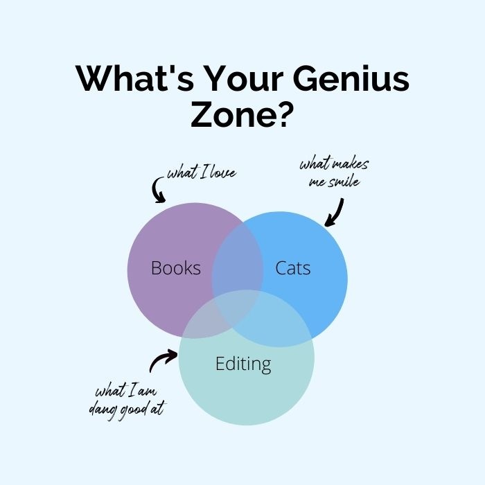 TahliaNewland's tweet photo. What's your genius zone? The place where what you love, whatr you're good at and what amuses you connects. This is mine. Looks like I should be editing books about cats! Haven't done that yet. #authorlife #writinglife #personalawareness #personaldevelopment https://t.co/vfte2nTXAp