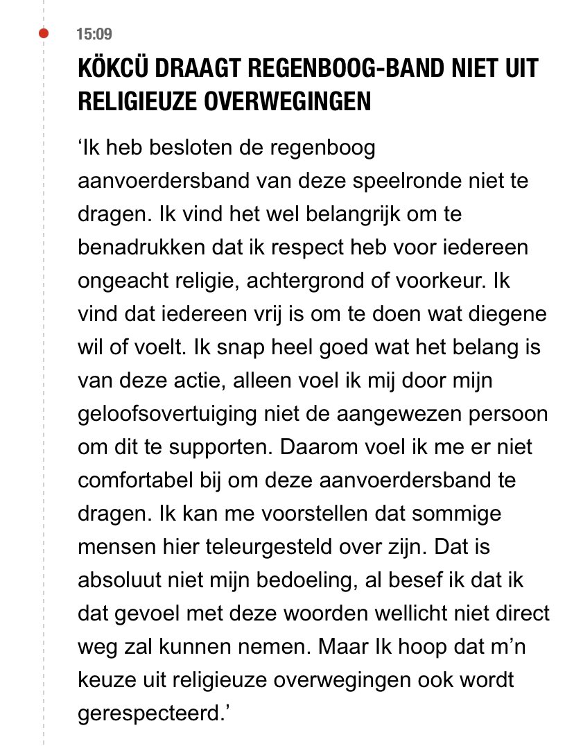 De hele 🌈 community op tilt omdat een aanvoerder van een VOETBALteam geen band om zijn arm wil dragen. Want oh we moeten een eenheid uitstralen. 

Hij respecteert de vrijheid van keuze, hier heb je géén band om je arm voor nodig. Woorden doen ertoe‼️

#kokcu #Feyenoord