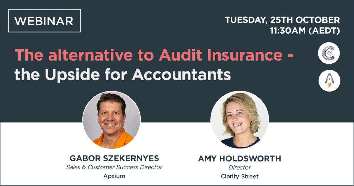 👋 Join us in a webinar with <a href="/apxium/">Apxium</a> next week as we discuss the topic - 'The alternative to Audit Insurance - the Upside for Accountants' 

When? Tuesday, 25th October, 11:30AM.

Register here: bit.ly/3Tf0vFx

#claritystreet #apxium #auditsafe #auditinsurance